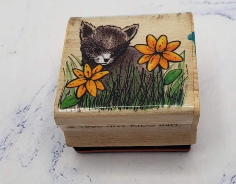 Kitten In The Grass With Flowers Sky Kids Wood Mounted Rubber Stamp